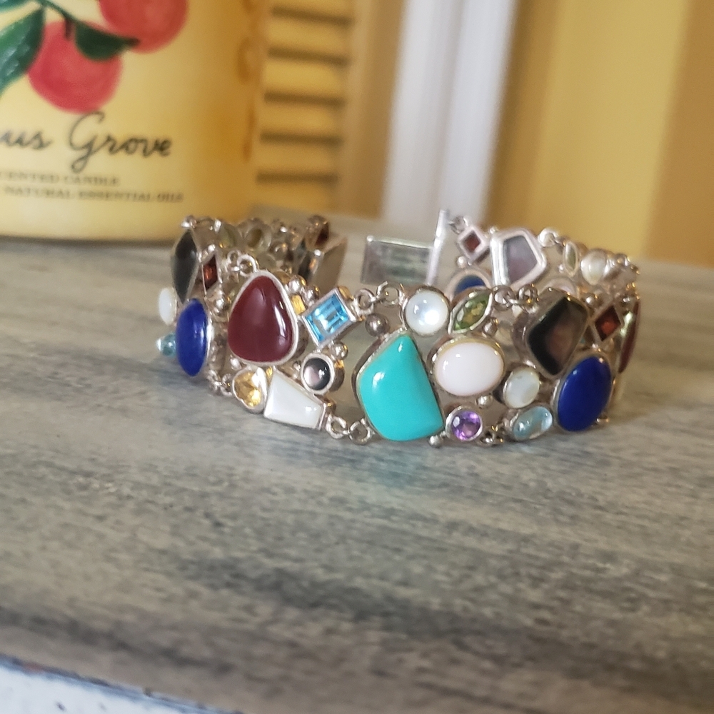 Sterling Silver Multi-Stone Bracelet Carnelian, Topaz, Turquoise, Lapis Stunning - Picture 8 of 10